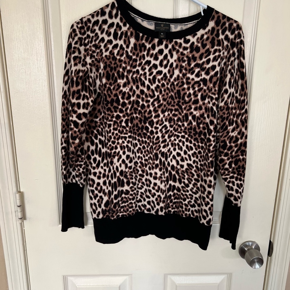 Worthington Petite Leopard Print Sweater PL Cotton Blend Animal Print